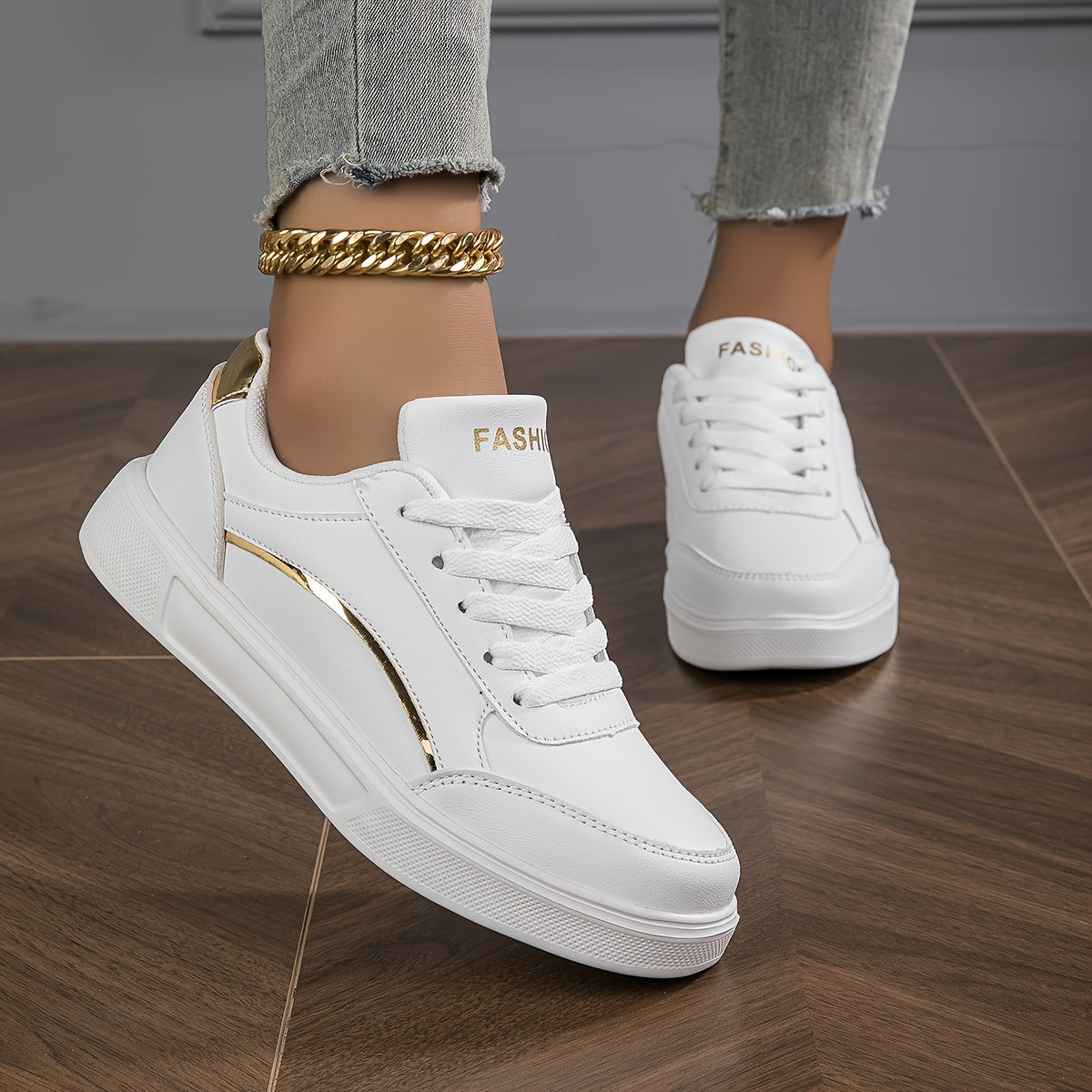 Women'S Stylish White Sneakers with Golden Accents - Casual Lace-Up Athletic Shoes for Outdoor Activities, Casual Wear, and Skateboarding, Casual Athletic Shoes | Trendy Casual Shoes | Durable Athletic Footwear